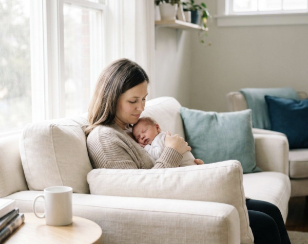 Jeune maman avec son bébé, un moment du quotidien après la naissance